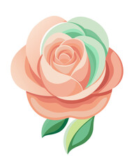 Fototapeta premium Stylized illustration of a blooming rose featuring layered salmon pink and pale mint green petals rendered against a stark white background for graphic design use.