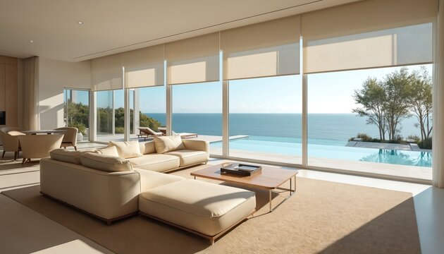 Modern living room with sectional sofa overlooks infinity pool, ocean. Large windows with roller shades allow natural light to fill contemporary space. Minimalist decor includes coffee table,