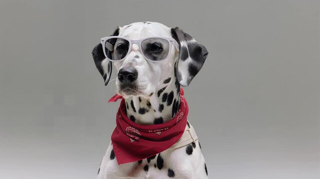 A dalmatian dog wearing sunglasses and a red bandana looks forward indoors