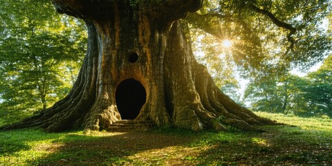 Naklejka premium Massive tree features doorway. Sunlight streams through leaves, illuminating grassy area. Forest setting evokes mystery, wonder.