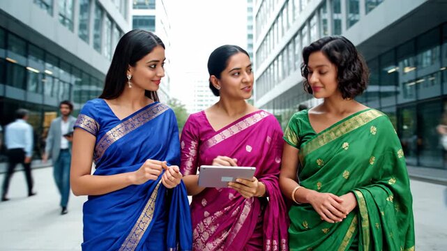 Three Indian women wearing saris using tablets outdoors in a business district. Technology and diverse business team concept.