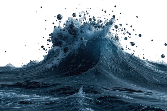 Powerful ocean wave breaking, dark blue sea water splashing with droplets, dynamic natural liquid motion, transparent background