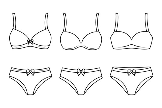 A minimalist line art illustration of various women's lingerie on transparent background