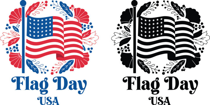 Usa flag day celebration with waving american flag and floral wreath waving flag