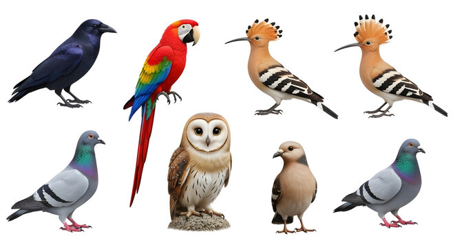 Diverse collection of eight realistic bird species, including a black crow, colorful macaw, two hoopoe birds, a barn owl, and three pigeons, isolated on a clean white background for educational