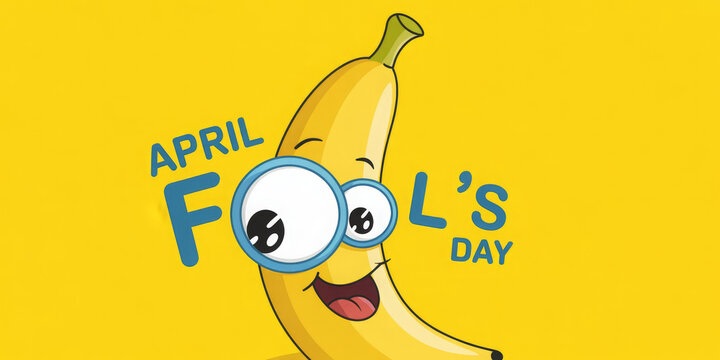 April Fools day funky horizontal banner with silly orange banana character isolated on yellow background. 1 st april fool day banner, poster, label, flyer and greeting card