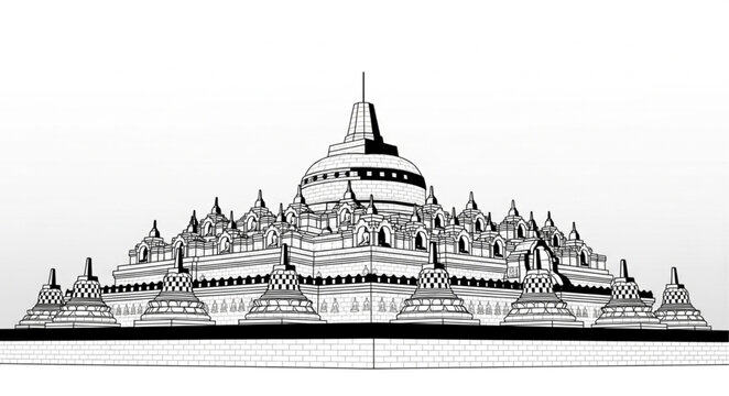 Detailed Line Art Depiction of Borobudur Temple in Monochrome.