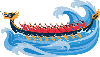 Dragon boat with rowers on blue waves red shirts yellow oars © CDMIZAN