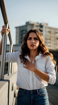 Woman experiencing heart pain outdoors cityscape background