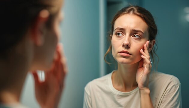 Worried young woman checks her face in mirror, touching skin. She looks concerned about wrinkles and dark circles, signs of aging. Young adult female worries about her appearance and skin health.