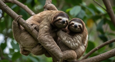 Fototapeta premium Two sloths resting together on a tree branch wildlife nature concept