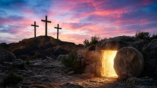 Easter morning. The empty tomb opens with a bright light shining out as three crosses stand tall behind it. The sun sets, casting colorful clouds across the sky