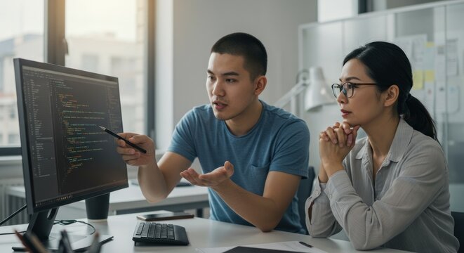 Two professionals discussing computer code on a desktop monitor