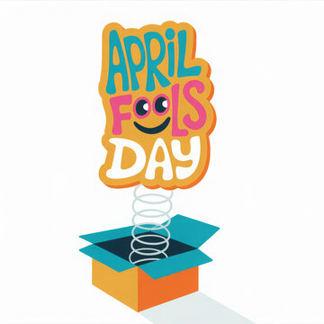Illustration Celebrating April Fools' Day.Lettering quote April fools day springing out of box. jack in the box toy,Unique first april day slogan stylized typography.Funny card for party, social media