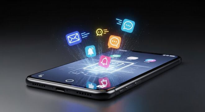 Smartphone with floating mobile apps icons on screen