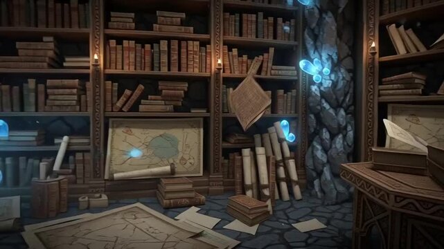mystical library with glowing blue runes and ancient tomes