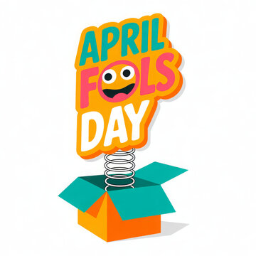 Illustration Celebrating April Fools' Day.Lettering quote April fools day springing out of box. jack in the box toy,Unique first april day slogan stylized typography.Funny card for party, social media