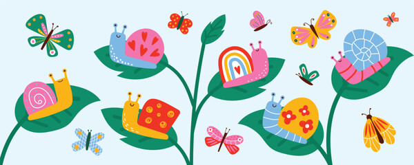 Cute snail and butterfly set. Colorful garden insects on leaves with decorative elements. Spring nature scene for kids design, nursery decor and cards. Vector illustration isolated on blue background. © Hanna Bykova