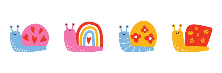 Cute snail set. Colorful snails with decorative shells. Simple garden animals for kids design, stickers, nursery decor and scrapbook. Vector illustration isolated on white background. © Hanna Bykova
