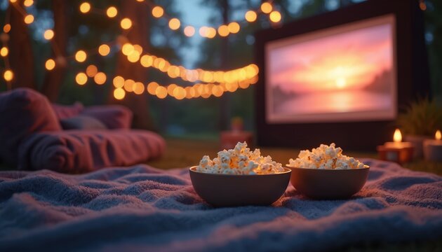 Outdoor cinema setup with popcorn bowls and blankets under string lights. A movie screen shows a sunset scene creating a cozy evening atmosphere. Relaxing night entertainment.