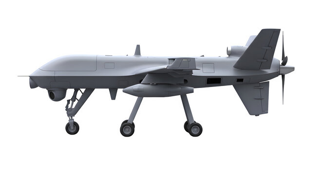 A side view of a gray military surveillance drone featuring a pusher propeller and landing gear on white.