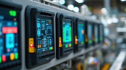 Naklejka premium Advanced Digital Control Panels in Modern Industrial Facility Showcasing State-of-the-Art Technology for Monitoring and Managing Manufacturing Processes Efficiently