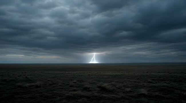 Dramatic storm over vast plains with a striking vertical lightning bolt illuminating the horizon