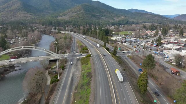 I5 Interstate Traffic near Rogue River in Southern Oregon - Drone