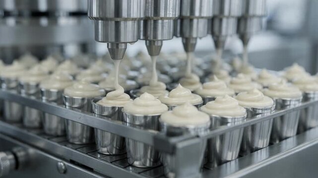 Closeup view of a production line filling metal tubes with semisolid herbal ointment showcasing automated machinery and precise dispensing in a clean manufacturing environment.