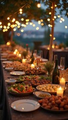 Fototapeta premium Outdoor buffet table set for dinner party. Guests enjoy grilled food, salads, bread, and wine. String lights and candles create warm ambience for evening gathering.