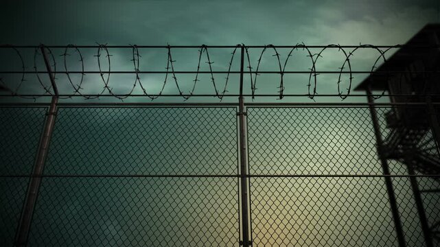 prison fence with barbed wire loop motion background
