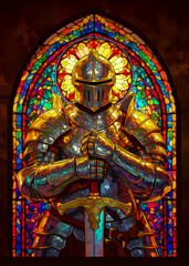 Obraz premium Medieval Knight in Shining Armor Holding Sword in Front of Stained Glass Window medieval knight armo
