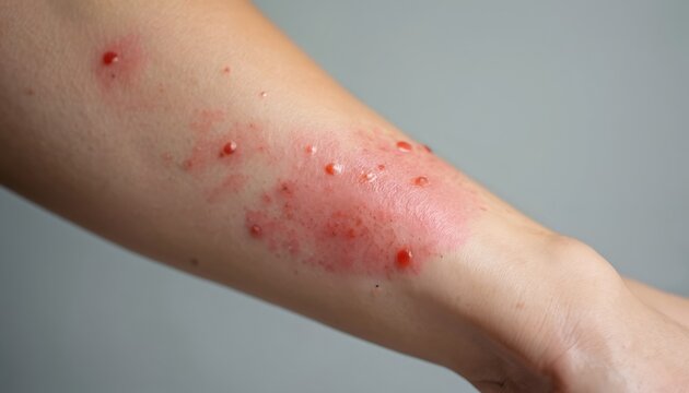Close-up view of arm skin with inflamed red rash and small blisters. Medical condition showing irritation, potential infection or allergic reaction. Skin texture detail visible.