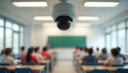 Fototapeta premium Security camera monitors students in modern classroom. Classroom surveillance records learning activities. Safety and technology combine for secure school environment. Educational institution.