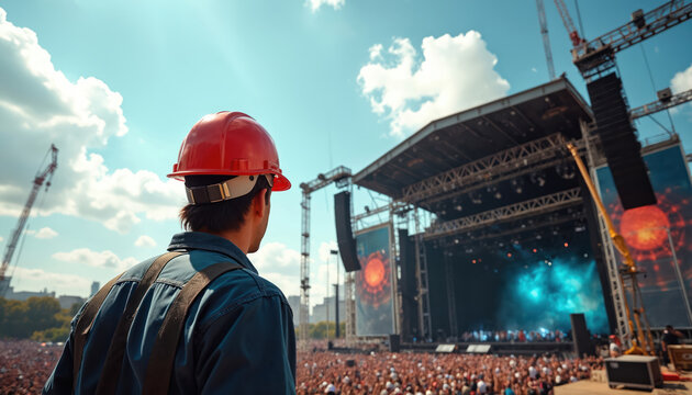 Man in red helmet oversees outdoor concert stage setup with crowd and cranes. Workers prepare sound system rigging for event. Music festival assembly in progress.