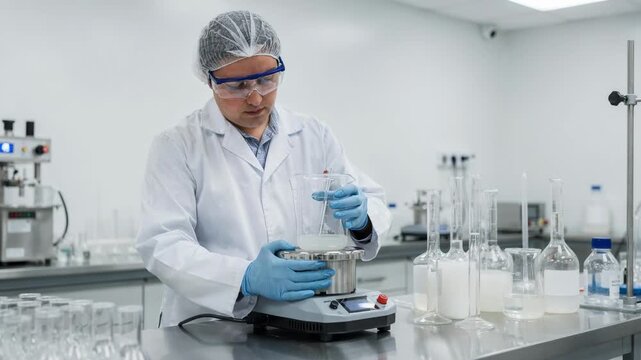 Medium shot of a lab technician blending soft polyurethane elastomer components at a mixing station ensuring precise isocyanate and polyol ratios in a clean controlled environment.