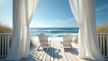 Fototapeta premium White Adirondack chairs on wooden deck facing ocean waves. Sheer white curtains frame blue sky and sea view. Tall grass borders beach scene. Peaceful seaside setting.