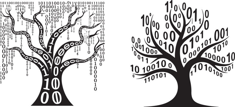A stylized tree composed of flowing binary code symbolizes the interconnectedness of data and digital growth in technology