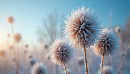 Obraz premium Close up on dried plants covered in frost and ice crystals. Soft winter morning light illuminates delicate icy structures on seed heads. Peaceful nature scene with blue sky background.