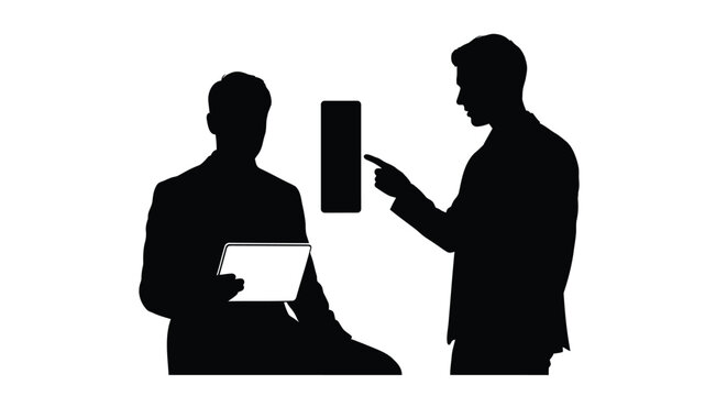 Two black silhouette business people vector illustration, one pointing at a vertical rectangle and the other holding a tablet, representing discussion or presentation.