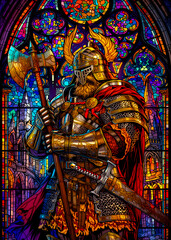 Obraz premium Stained glass window depicting a medieval armored warrior with axe and sword standing heroically in