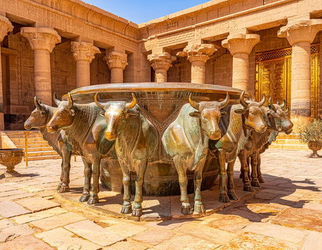 Colossal bronze Brazen Sea resting on twelve oxen in temple courtyard