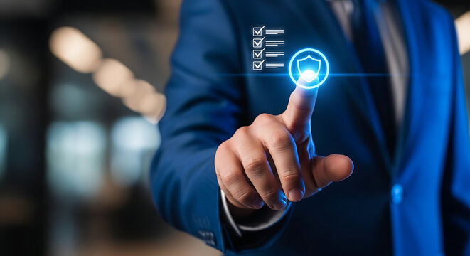 Businessman enabling security settings on a digital interface