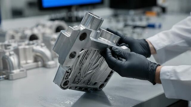 Closeup medium shot of stainless steel manifolds being inspected for quality control after additive manufacturing showcasing intricate custom engineering.