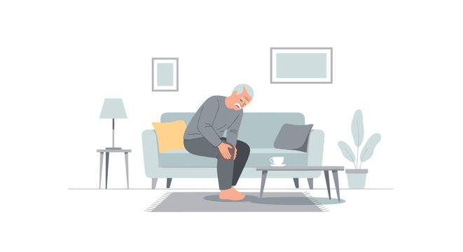 An elderly man is sitting on a light blue sofa in a living room, holding his right knee in evident pain.