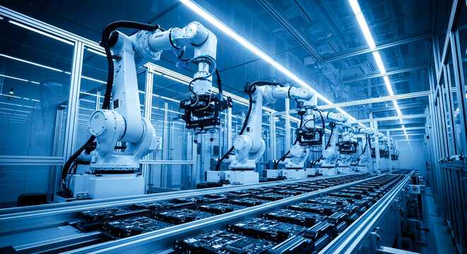 Industrial robotic arms precisely manufacturing electronic components on a modern automated assembly line in a factory.