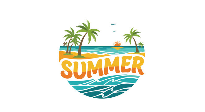 A half-circle illustration shows a beach with palm trees, ocean waves, and a sunset, with the word SUMMER in the center, against a white background.