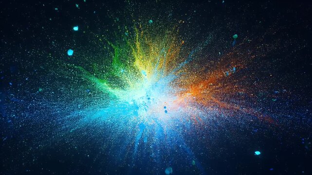 Vibrant, colorful powder explosion radiates from center against dark, starry void