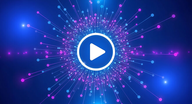 A play button icon surrounded by colorful lines and dots on a blue background