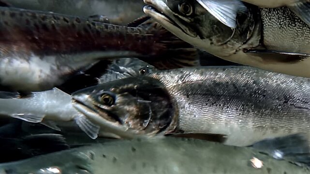 Mesmerizing display unfolds as school of salmon glides through clear waters. Shimmering scales reflect sunlight, creating scene of movement and harmony. Witness nature beauty in this ballet of life.